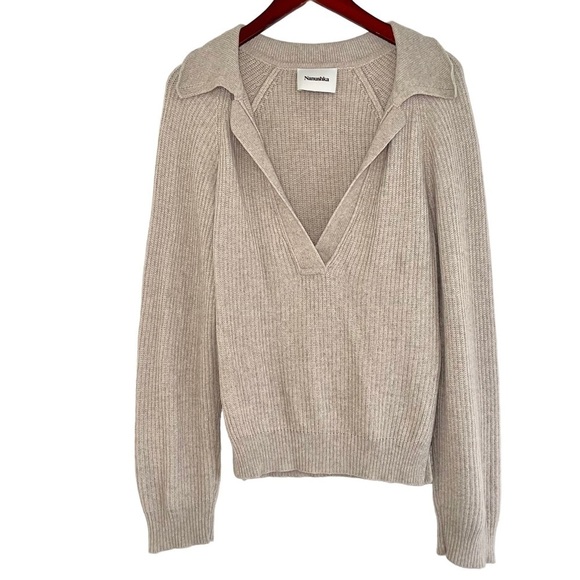 Nanushka Bambi V-neck Sweater ribbed polo wool cashmere beige women’s XS - Picture 4 of 12